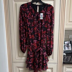 MSK RED/PINK/BLACK FLIRAL CHIFFON DRESS - long sleeve with belt - LARGE NEW